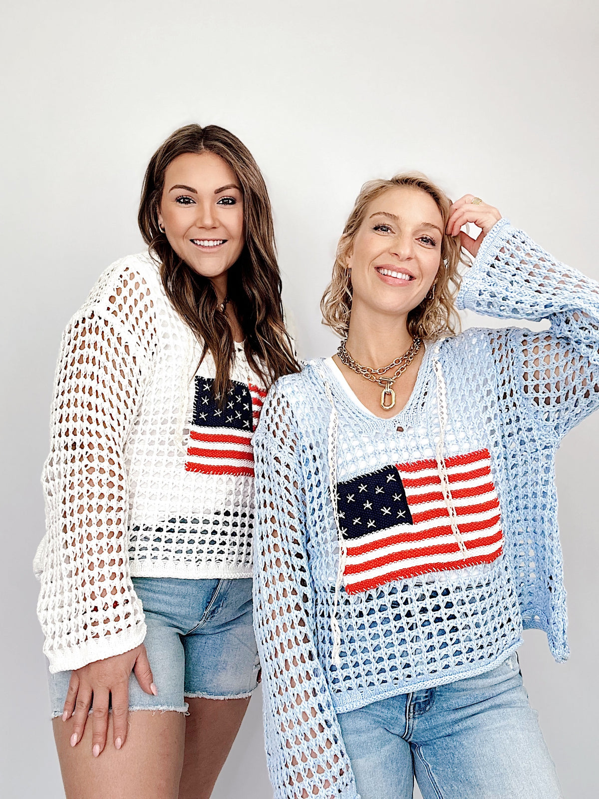 American Flag Thin Sweater Top Sky Blue