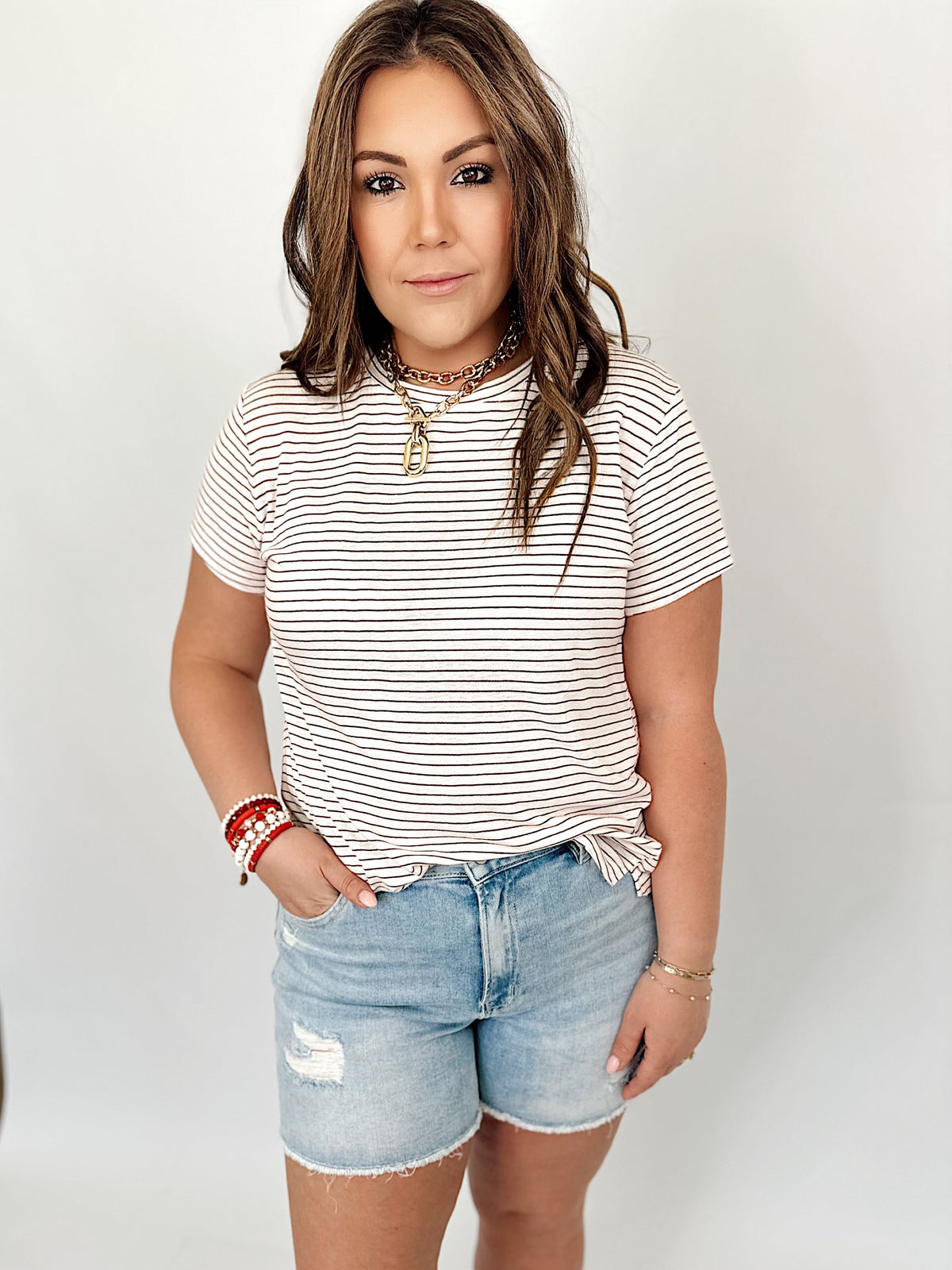 Lilah Linen Blended Striped Tee Cherry