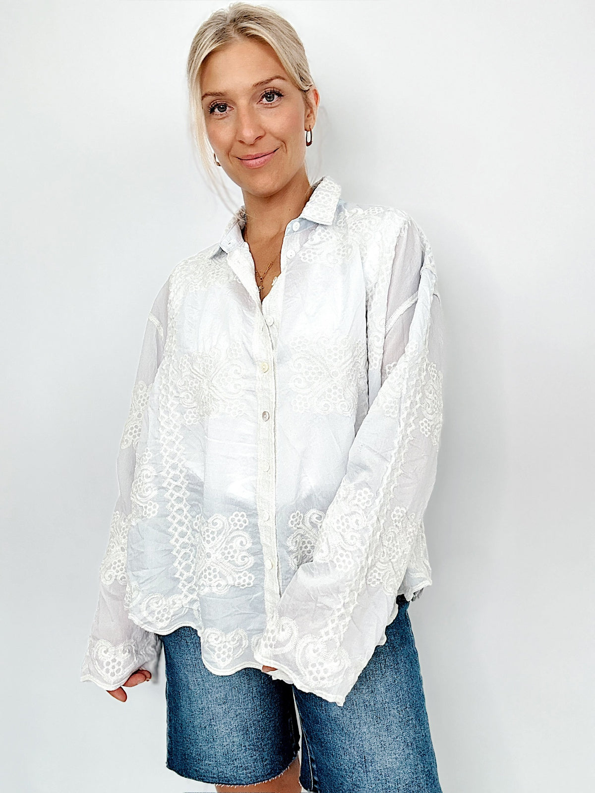 Lori Embroidery Long Sleeve Shirt Sky Blue