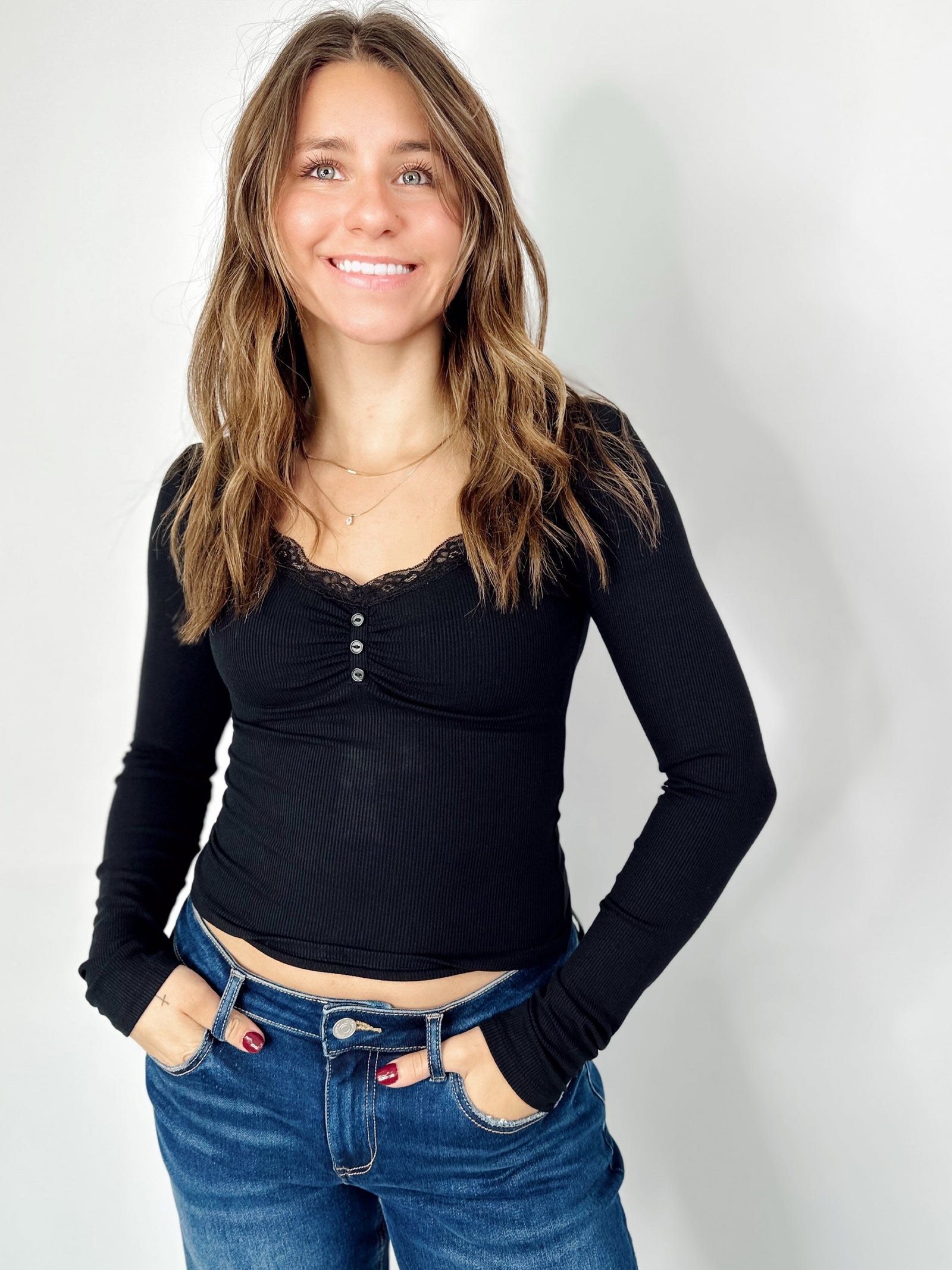 Parker Lace Trim Knit Top Black