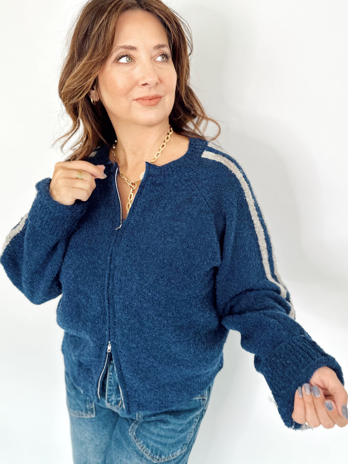 Reba Knit Sweater Zip-up Jacket Navy/H.Grey