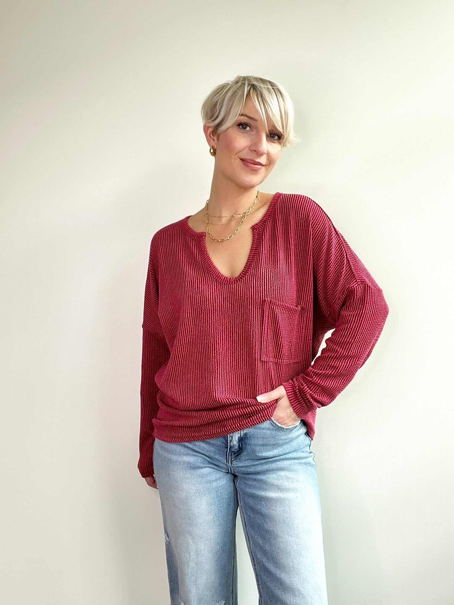 Jensen Textured Rib Top, Burgundy