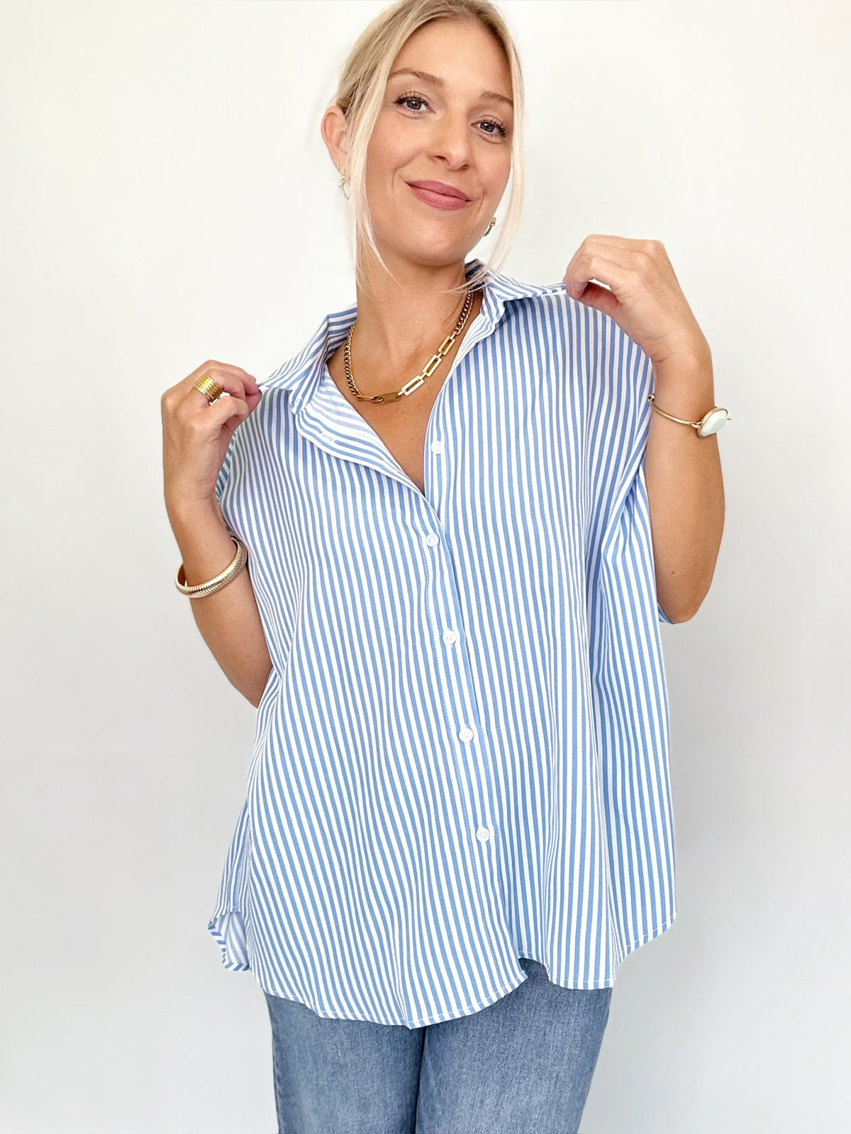 Ellen Button Down Stripe Shirt Blue