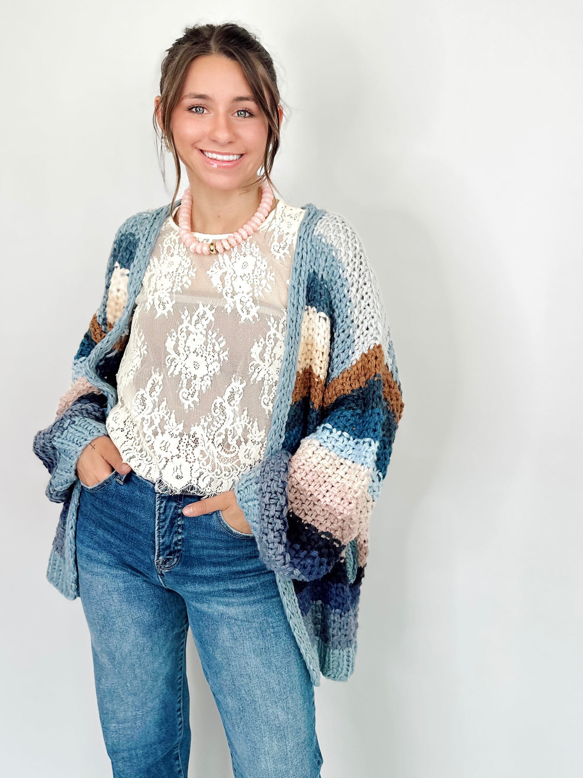 Rana Rainbow Crochet Cardigan Slate Blue