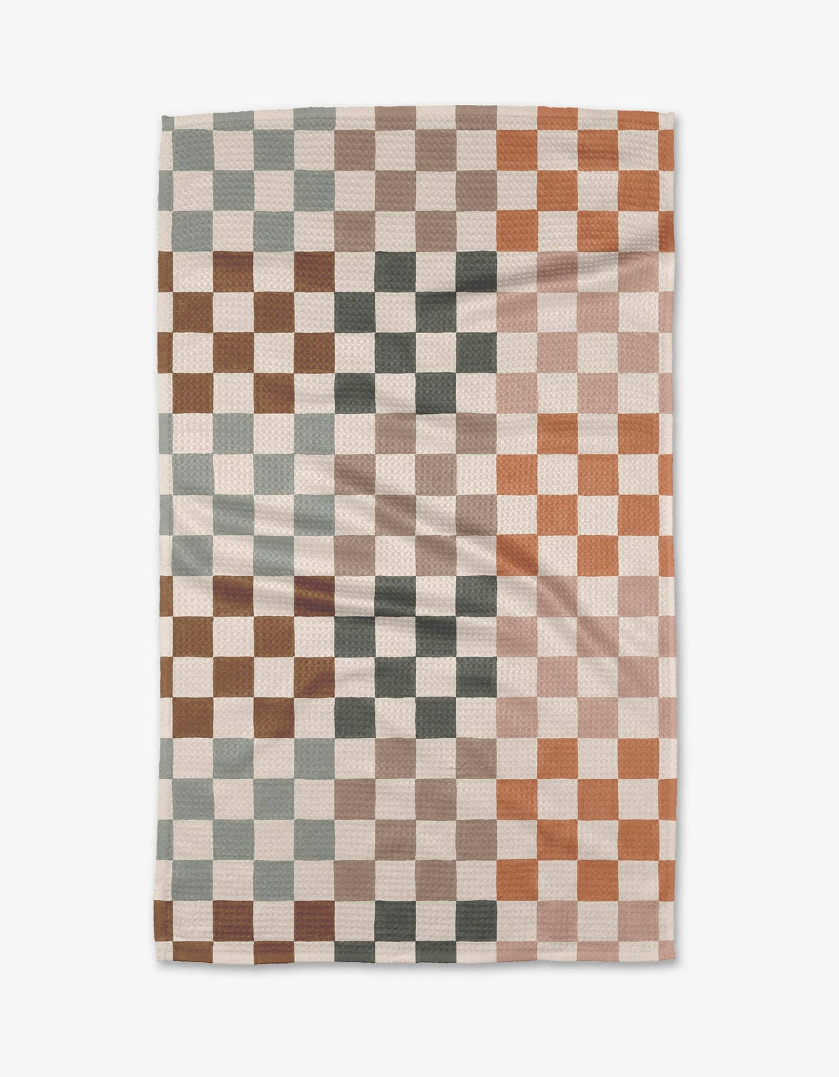 A rectangular woven tea towel with a multicolor checkerboard pattern in terracotta, brown, sage green, and cream, displayed flat against a light gray background.