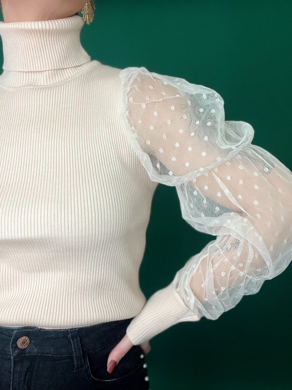 Essie Sheer Polka Dot Sleeve Turtle Neck Top