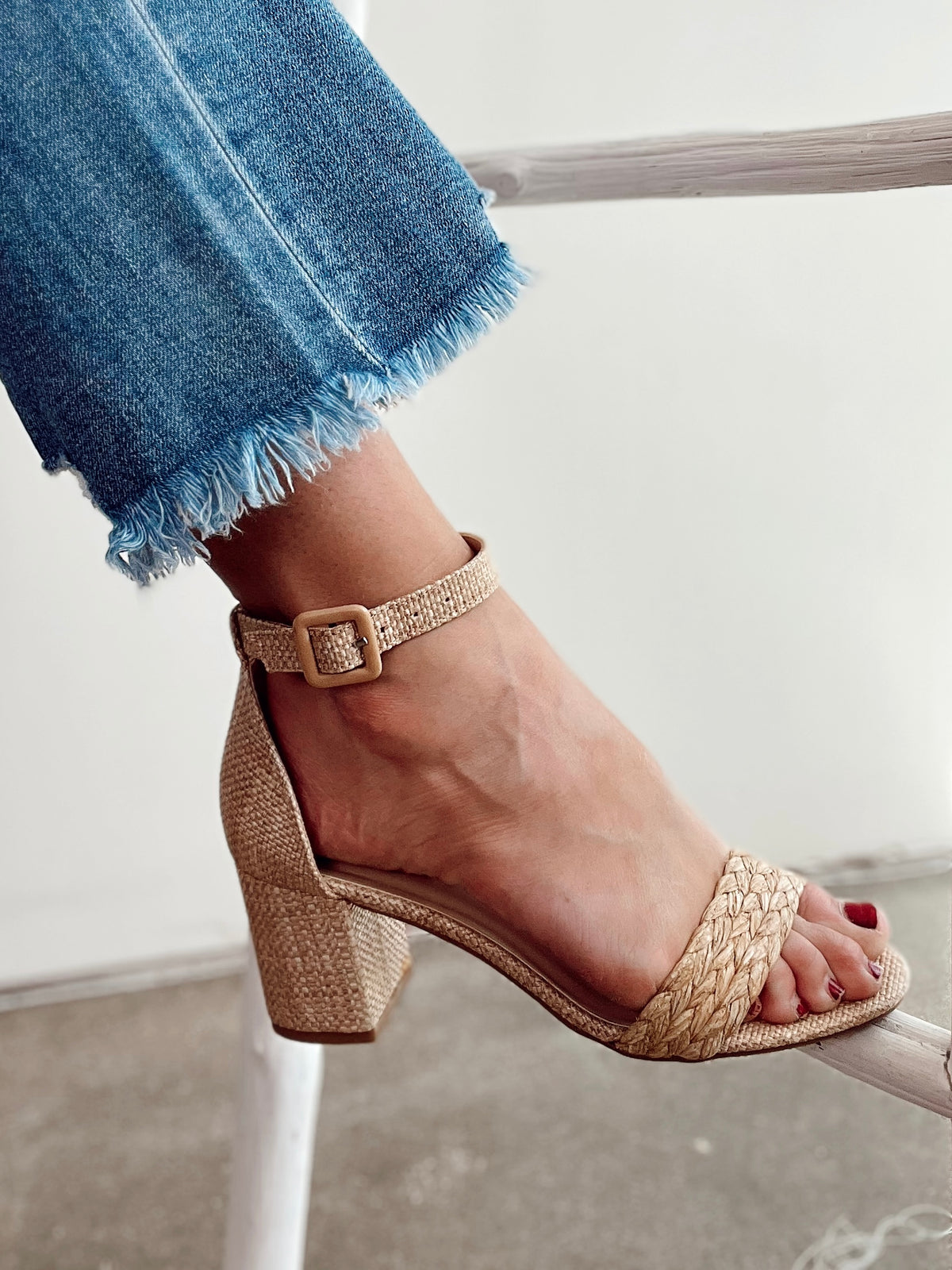 Nikki Raffia Block Heel Sandals, Natural