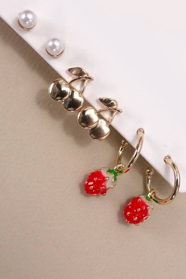Strawberry Cherry Pearl Earring Set