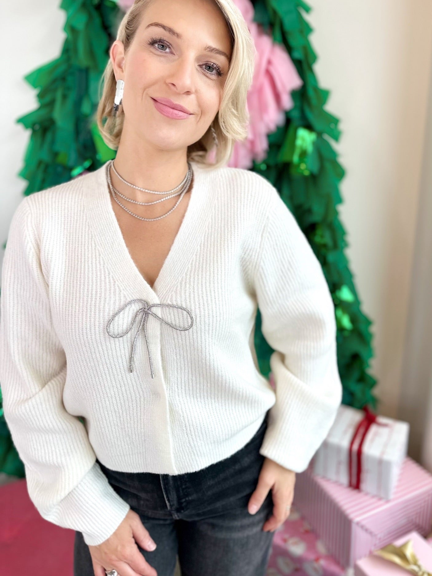 Ayla Sparkle Bow Cardigan Cream