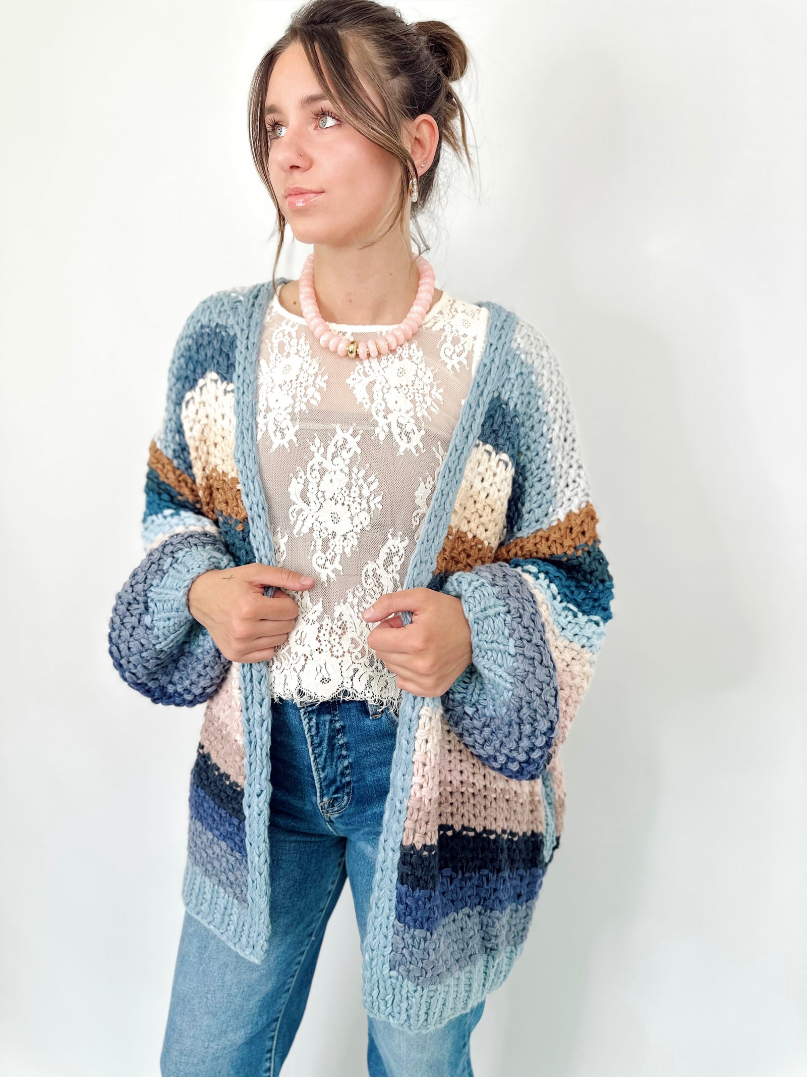 Rana Rainbow Crochet Cardigan Slate Blue