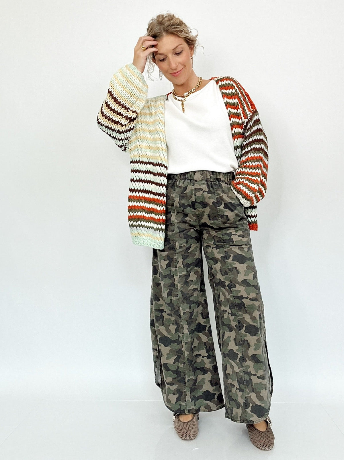 Kim Multi Stripe Chunky Knit Cardigan Rust