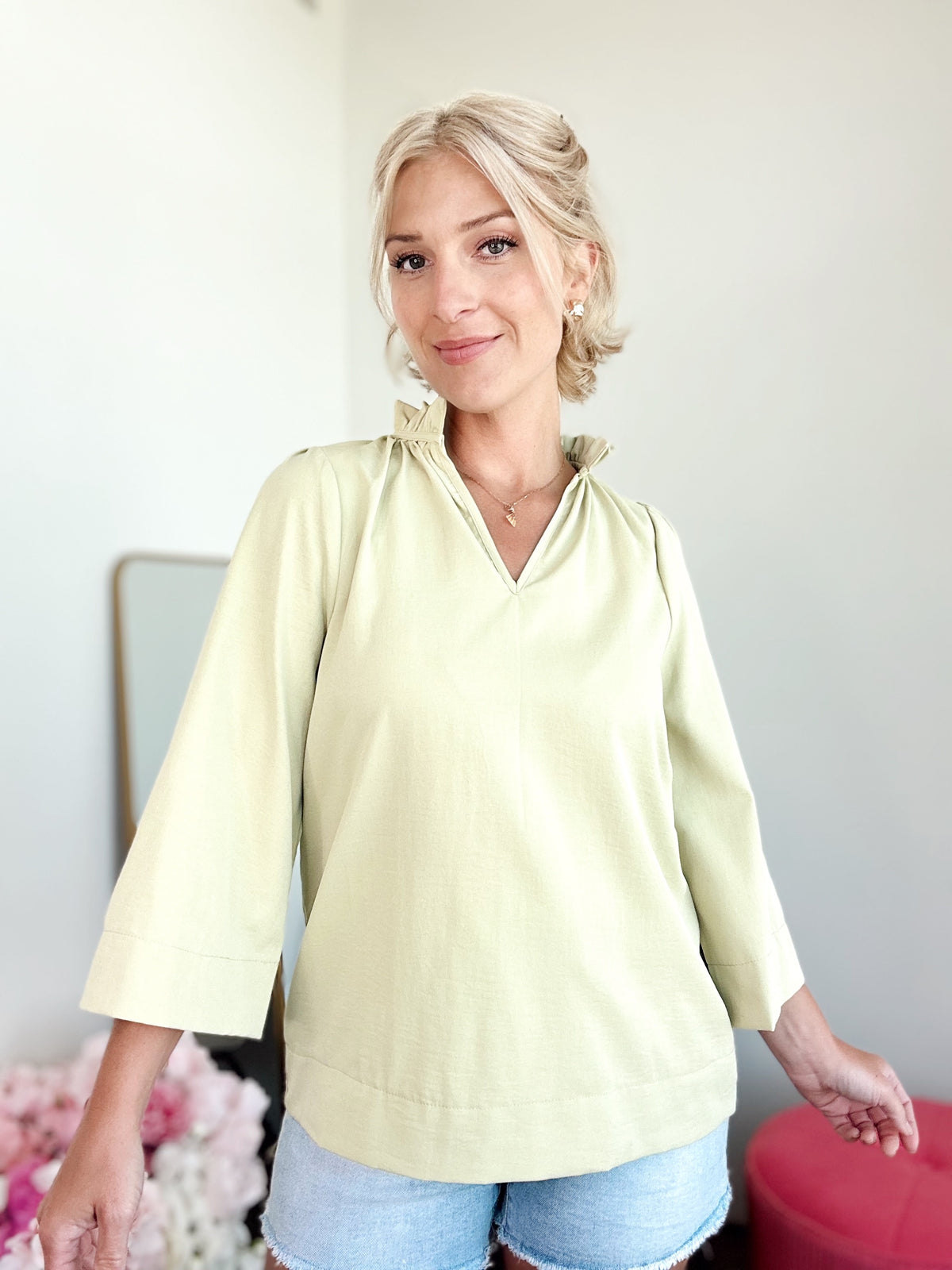 Tina Ruffled Neck Blouse Grass