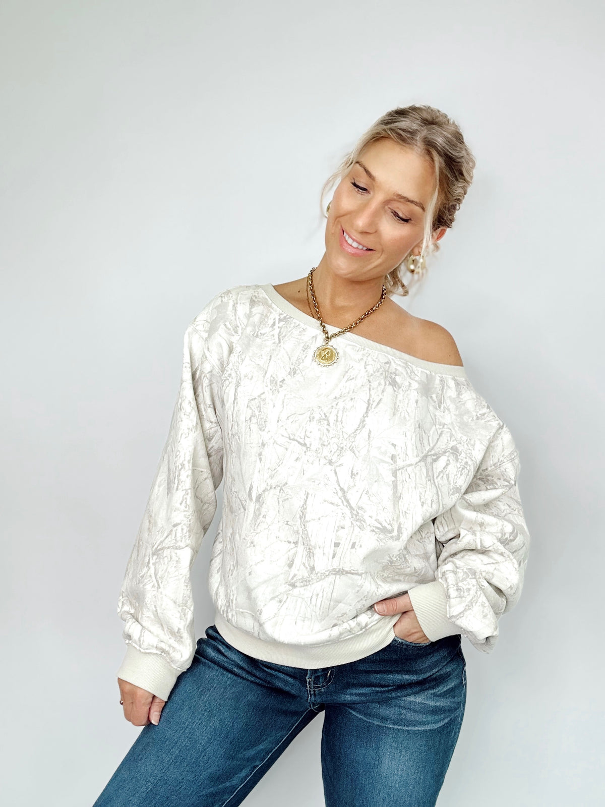 Talia Tree Camo Print Off The Shoulder Sweatshirt Gray