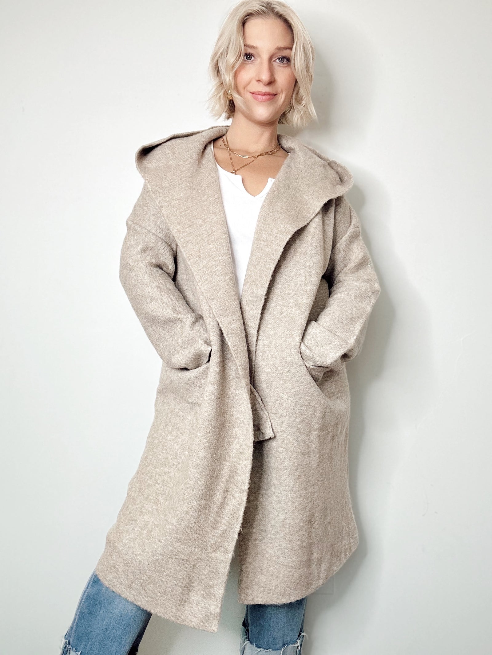 Jill Hooded Cardigan Coat Taupe