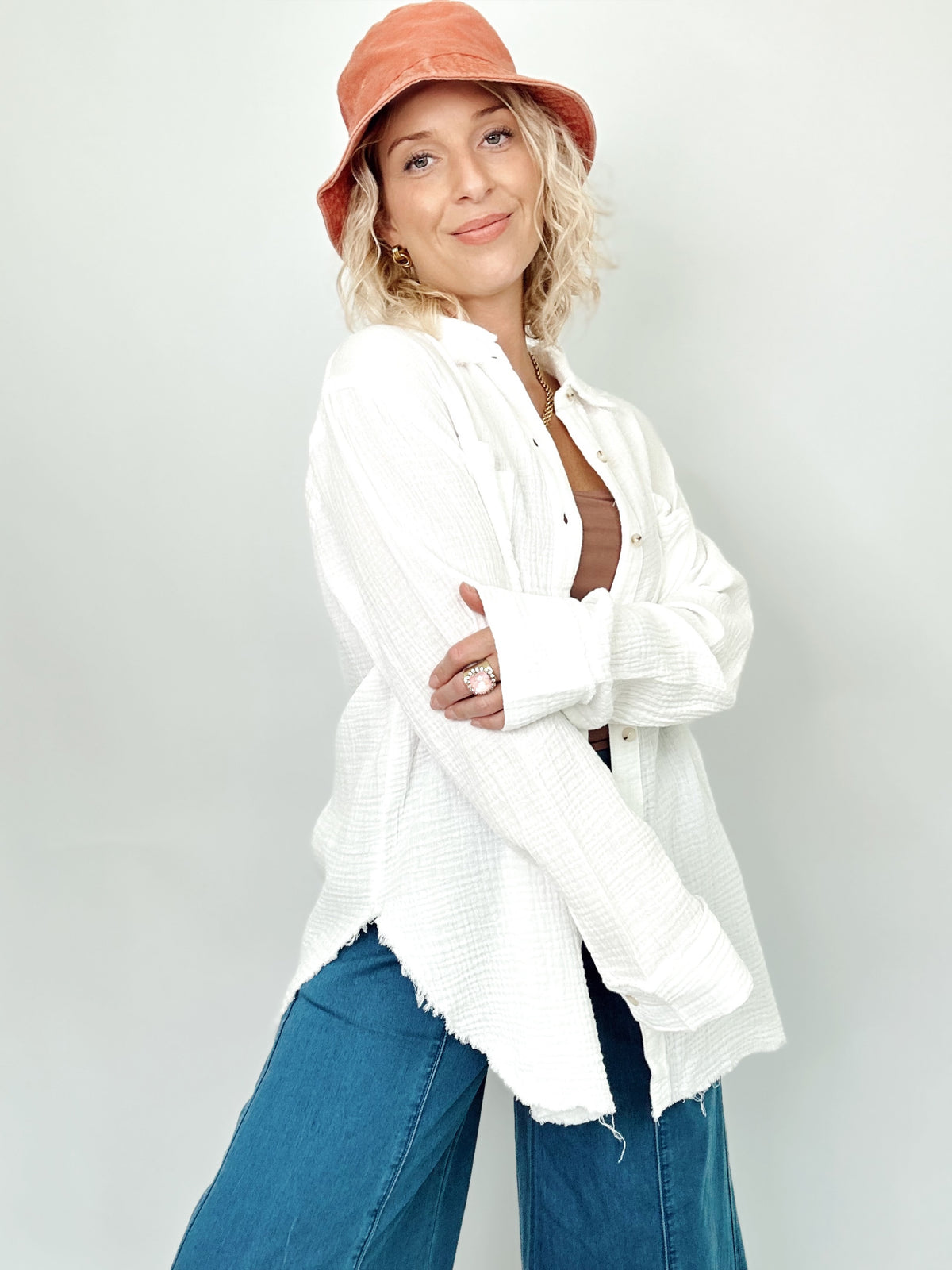 Natalie Gauze Button Down Shirt White
