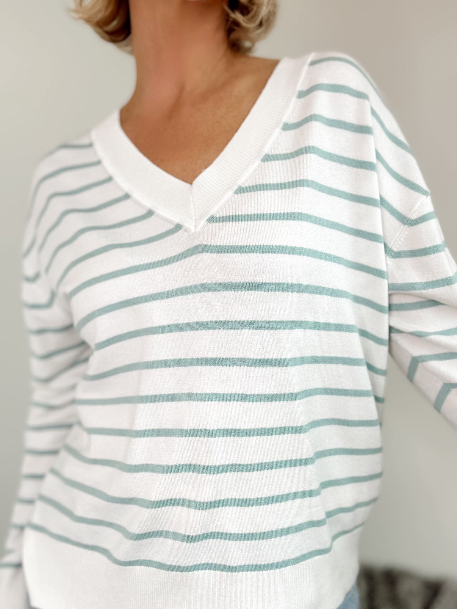 Lauren Striped V-Neck Sweater Mint