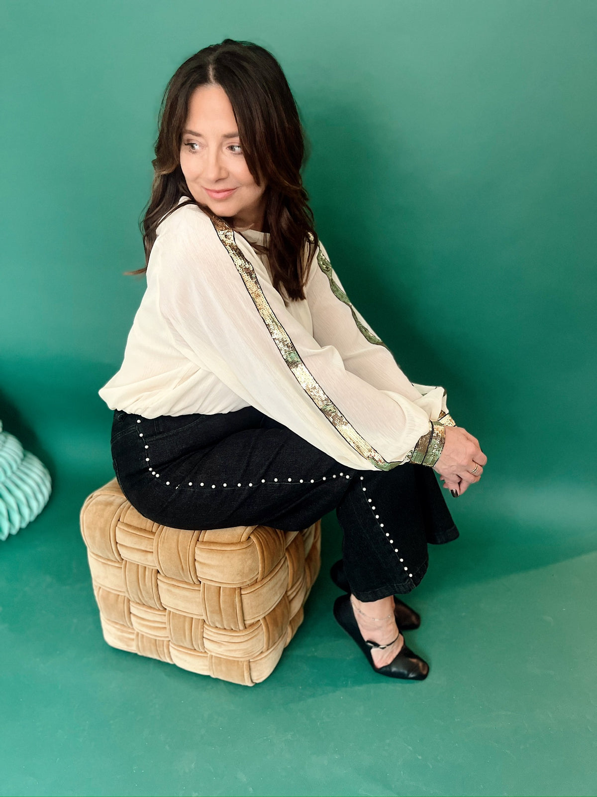 Isabella Raglan Sequin Chiffon Top Taupe