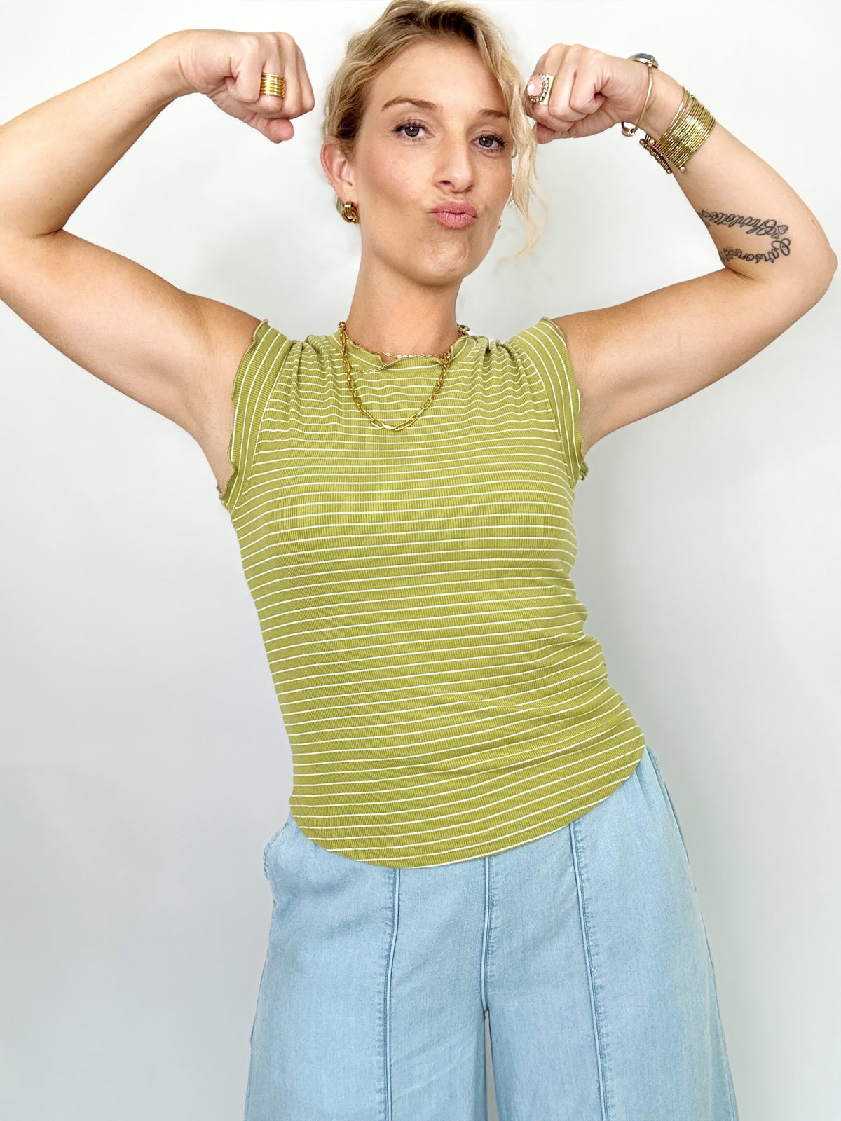 Jojo Stripe Ruffle Sleeve Top Avocado