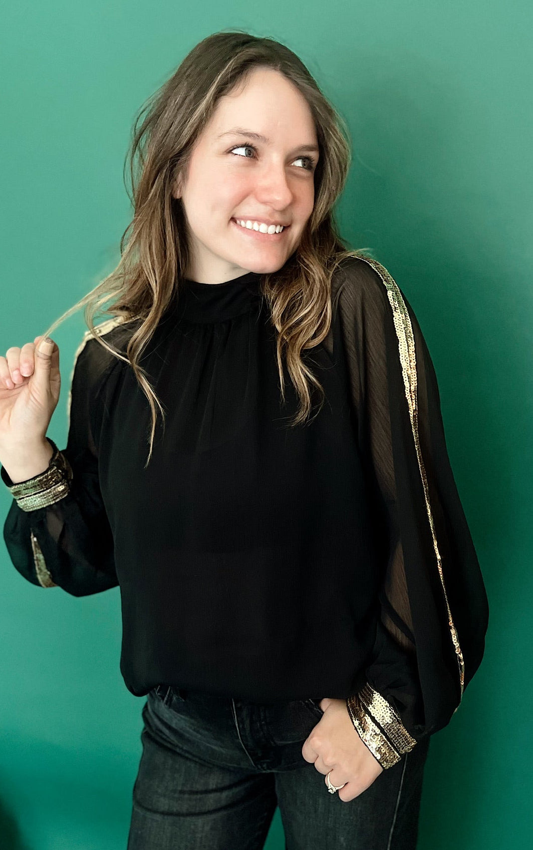 Isabella Raglan Sequin Chiffon Top Black