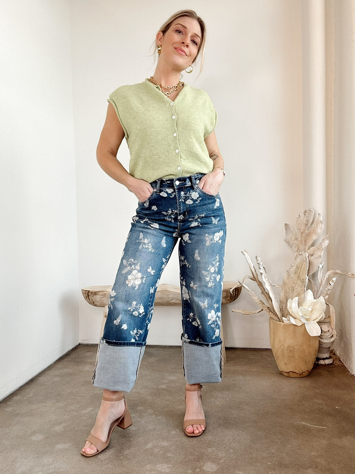 Joey Floral High Rise Wide Leg Jeans