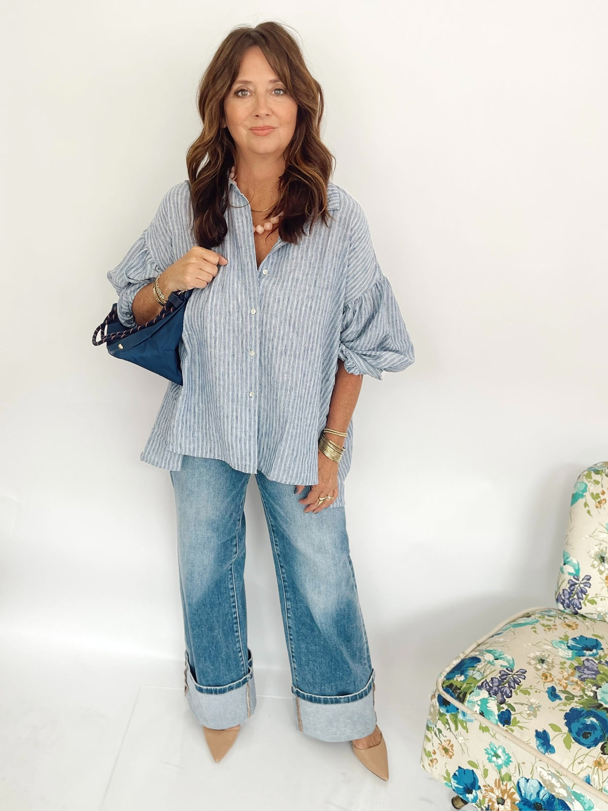 Macie Balloon Sleeve Stripe Shirt Blue