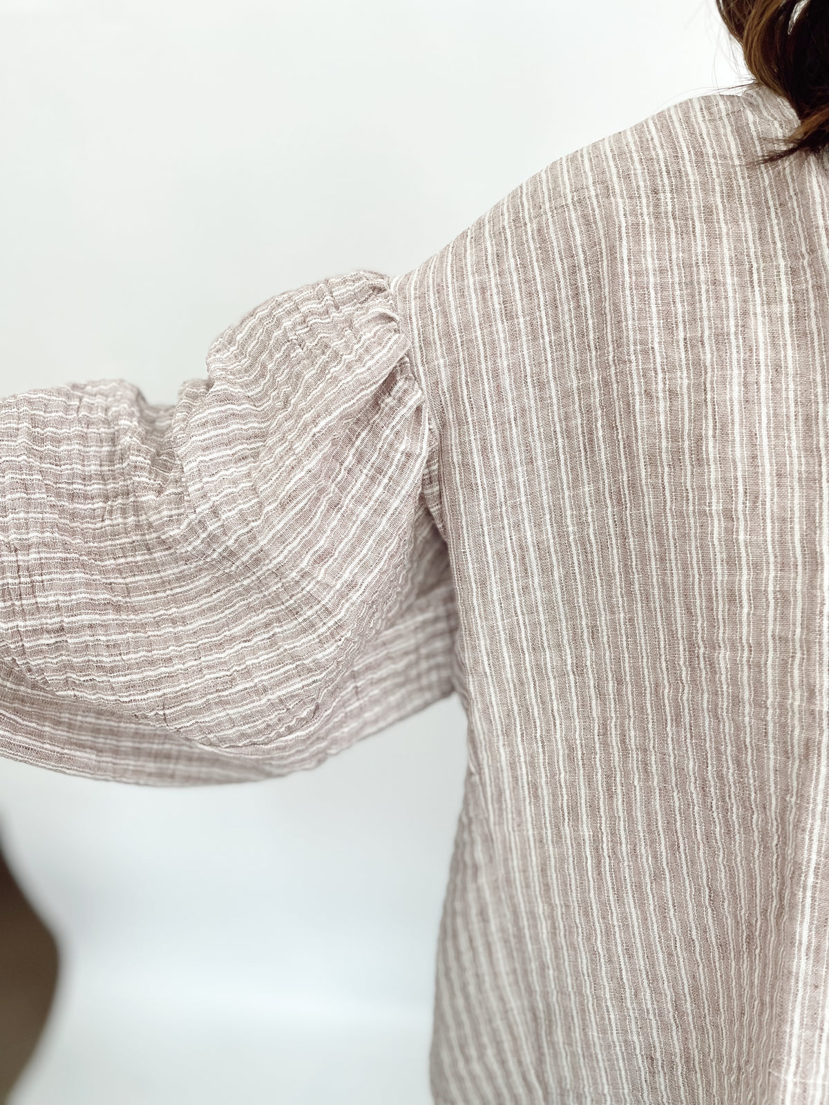 Macie Balloon Sleeve Stripe Shirt Taupe