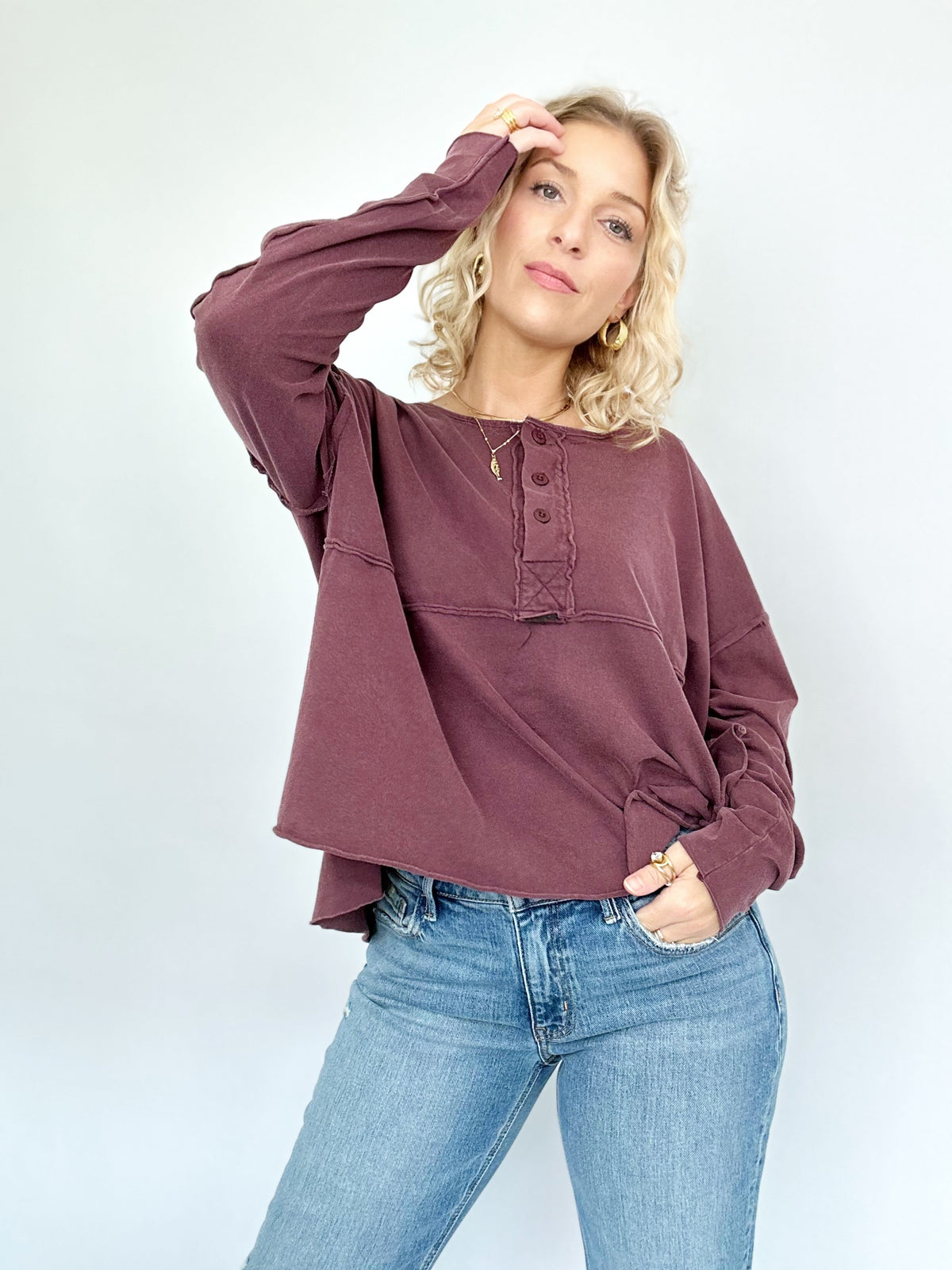 Nadia Oversized Henley Top Dark Cherry