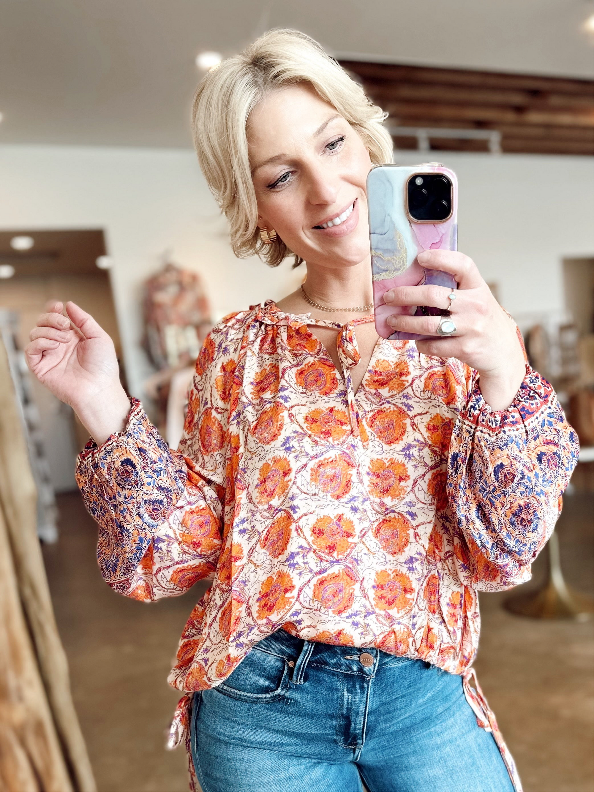 Veronica Print Ruffle Top Oat/Orange