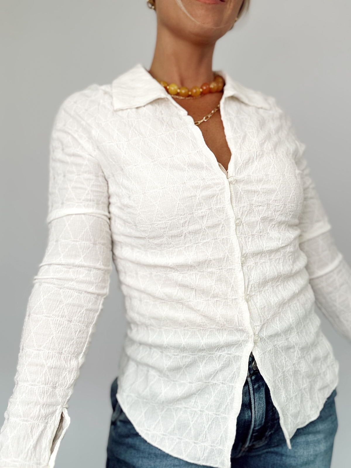 Paula Textured Button Up Collared Top Ivory