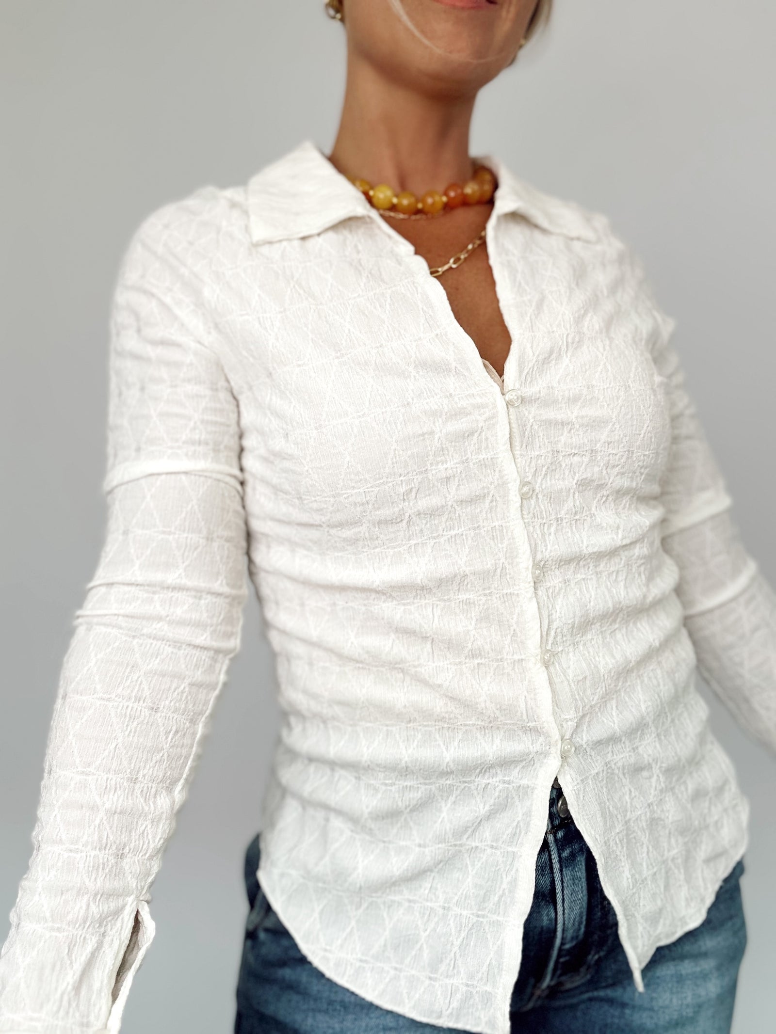 Paula Textured Button Up Collared Top Ivory