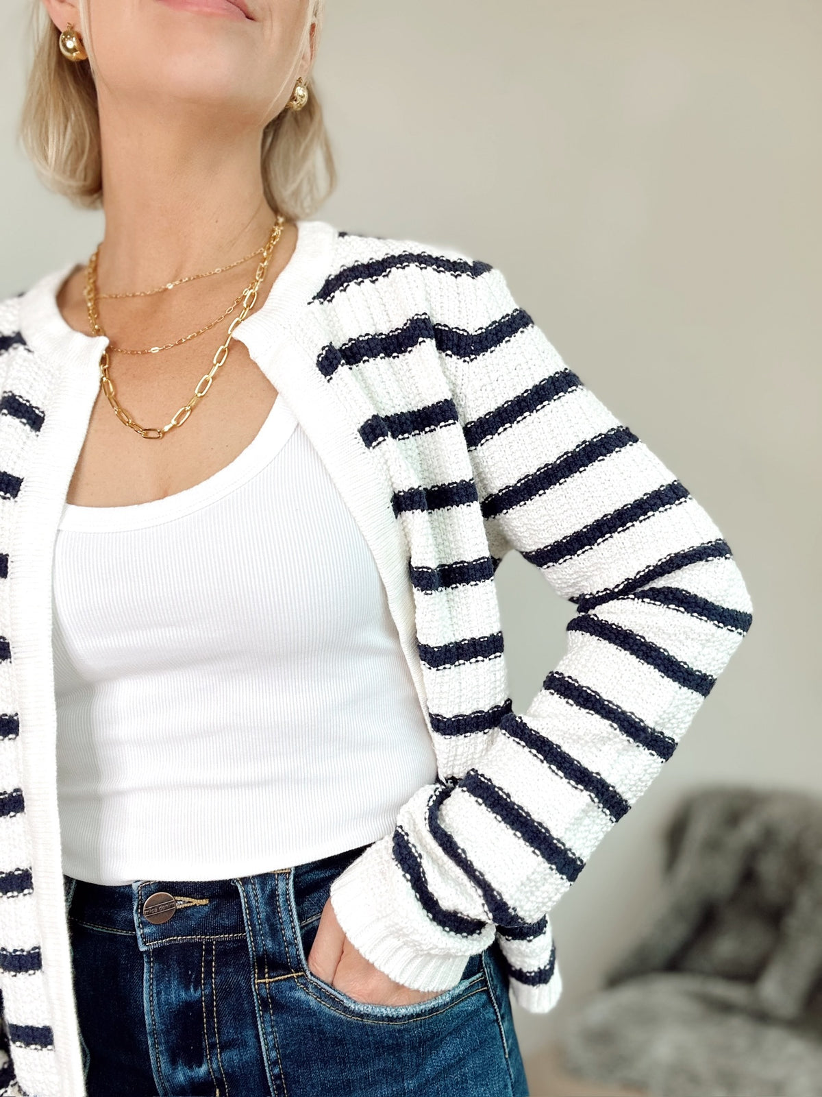 Tara Stripe Open Cardigan Navy