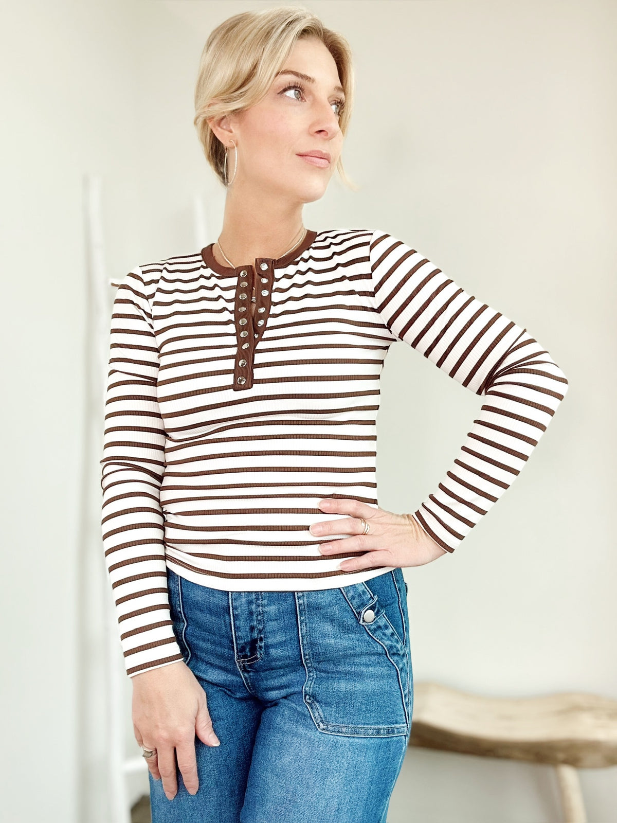 Bridget Stripe Knit Henley Top Cream