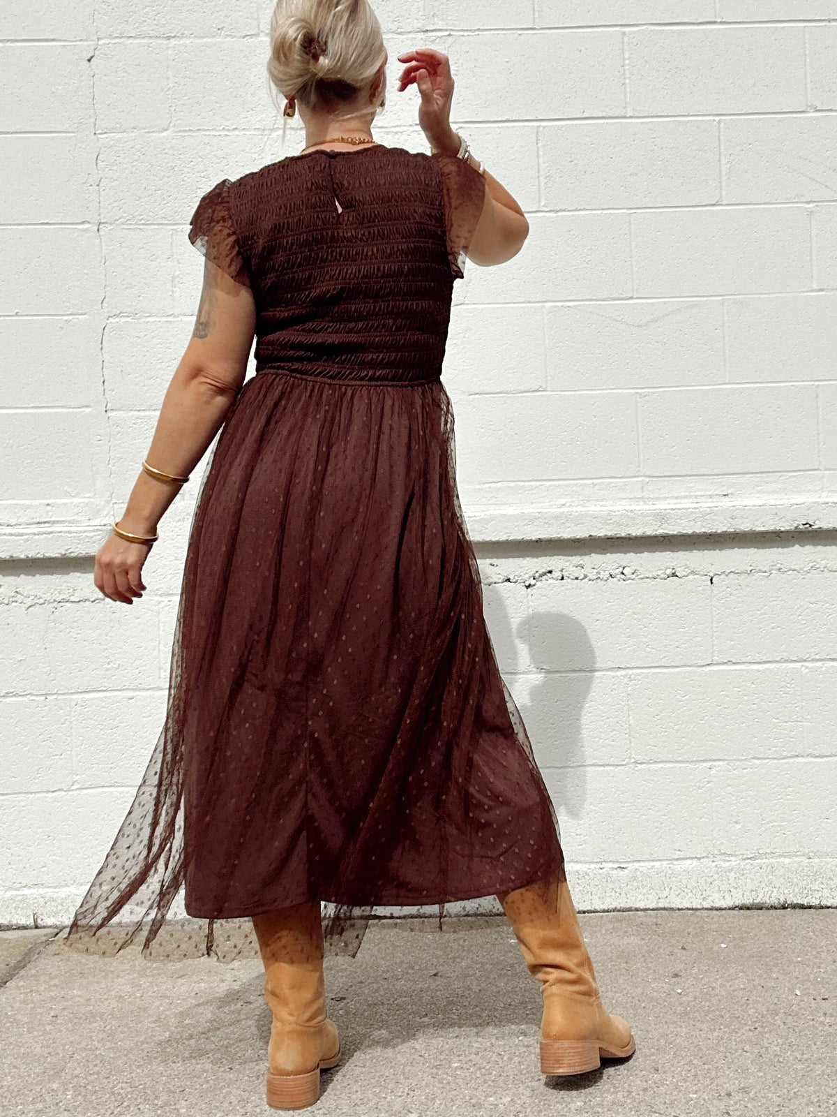 Tasha Polka Dot Chiffon Midi Dress Brown