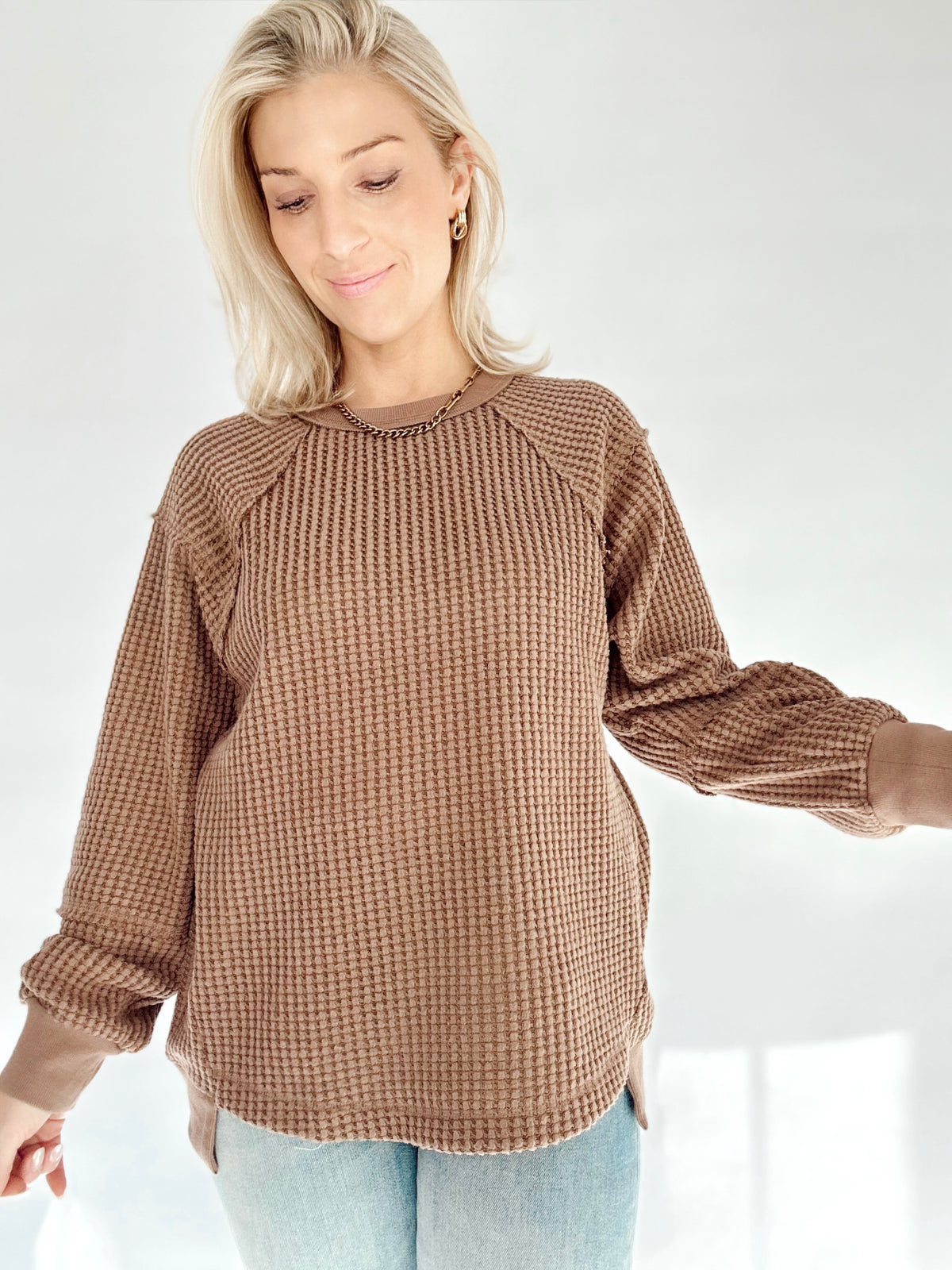 Tabitha Waffle Patch Detail Pullover Mocha