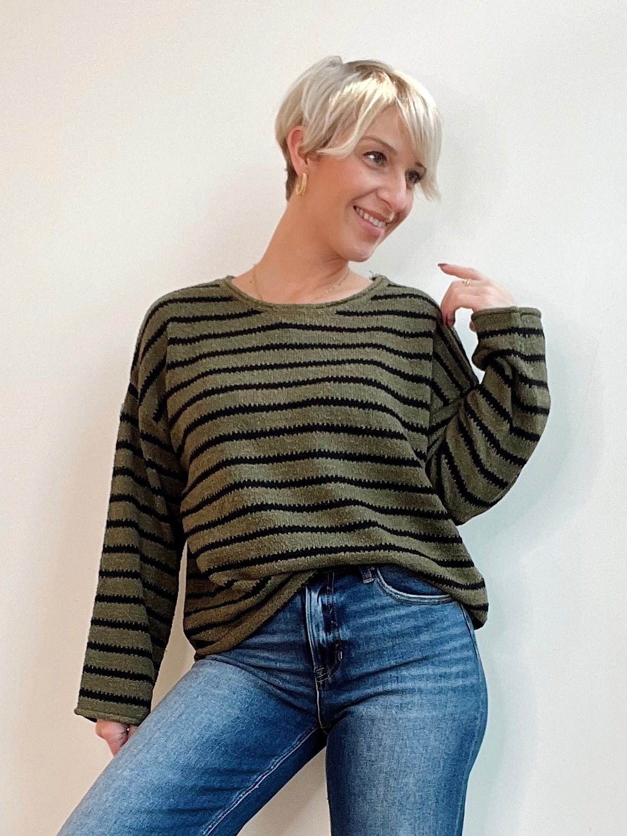 McKenna Stripe Knit Sweater Olive