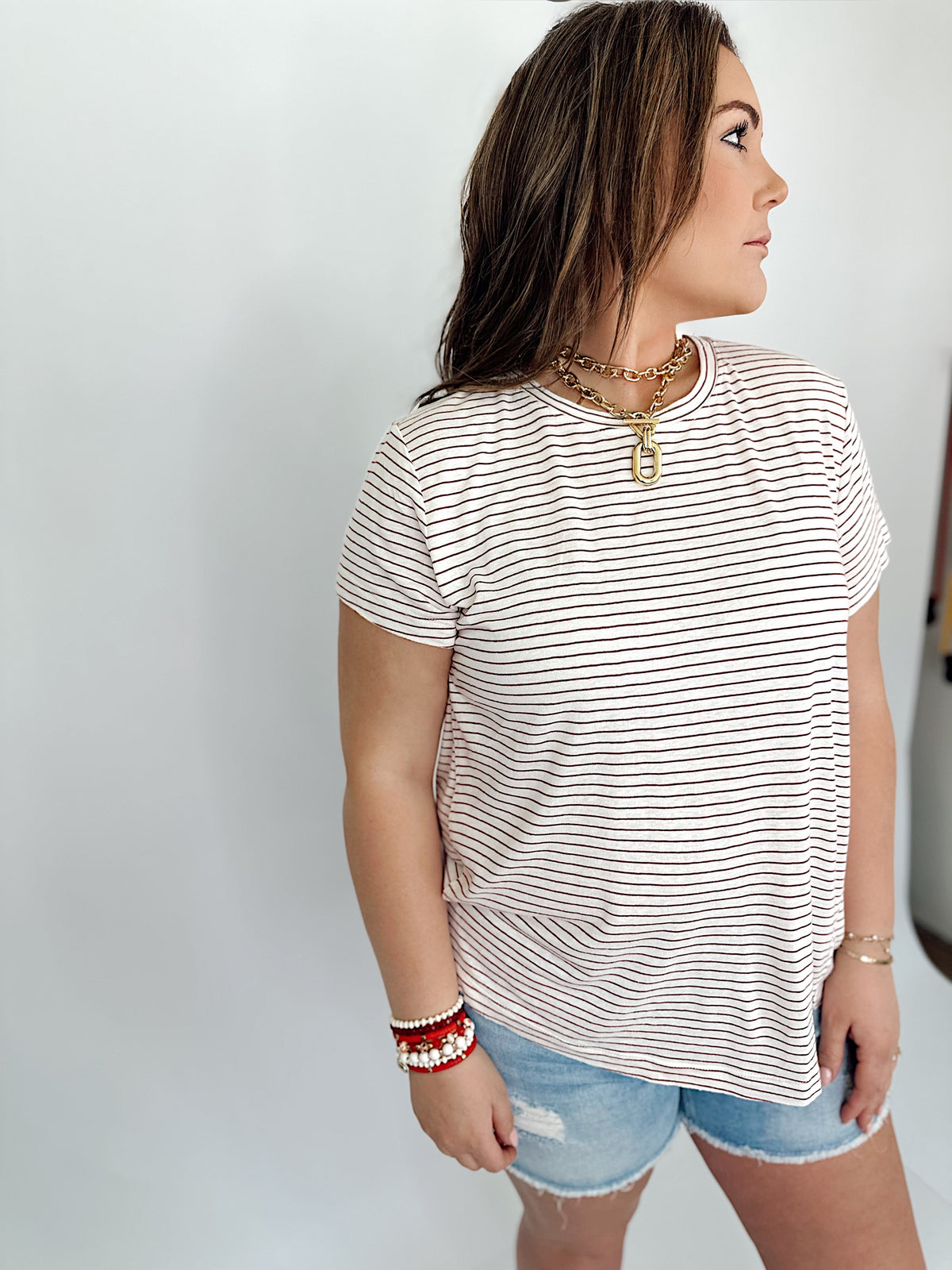 Lilah Linen Blended Striped Tee Cherry