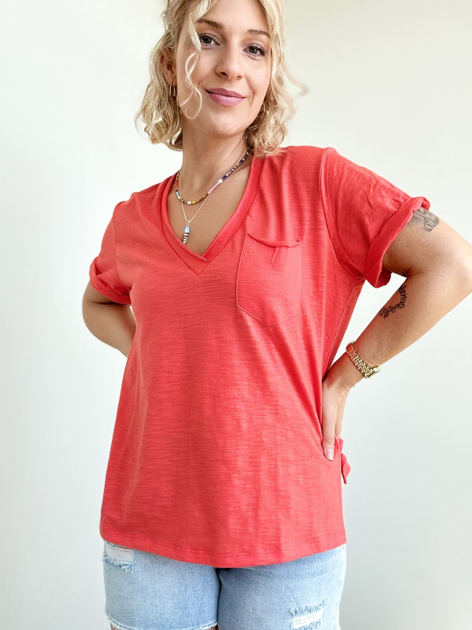 Sydney V-neck Short Sleeve Top Coral