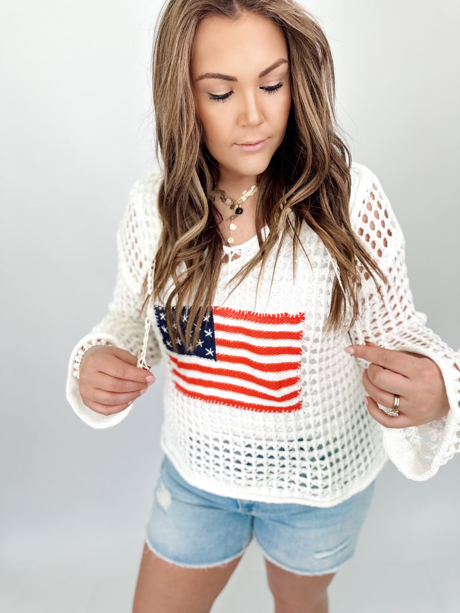 American Flag Thin Sweater Top Ivory