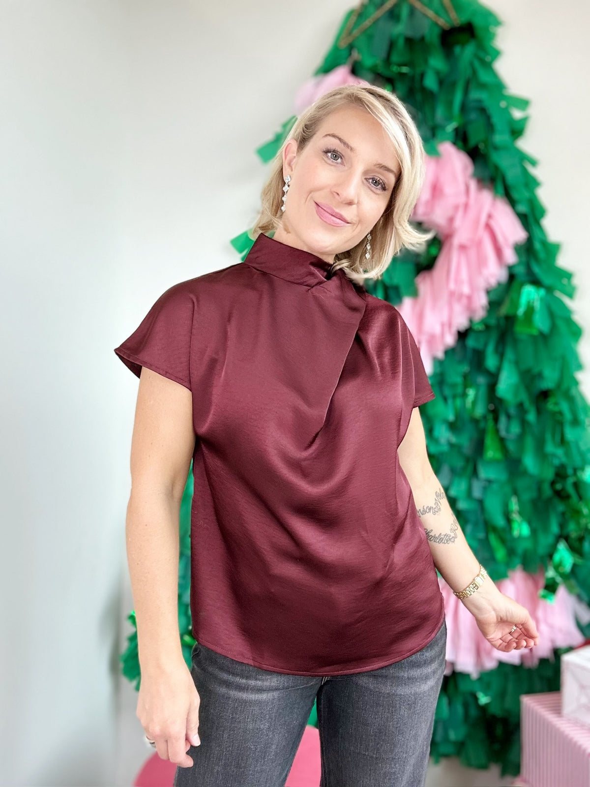 Whitlee Cross Mock Neck Top Wine