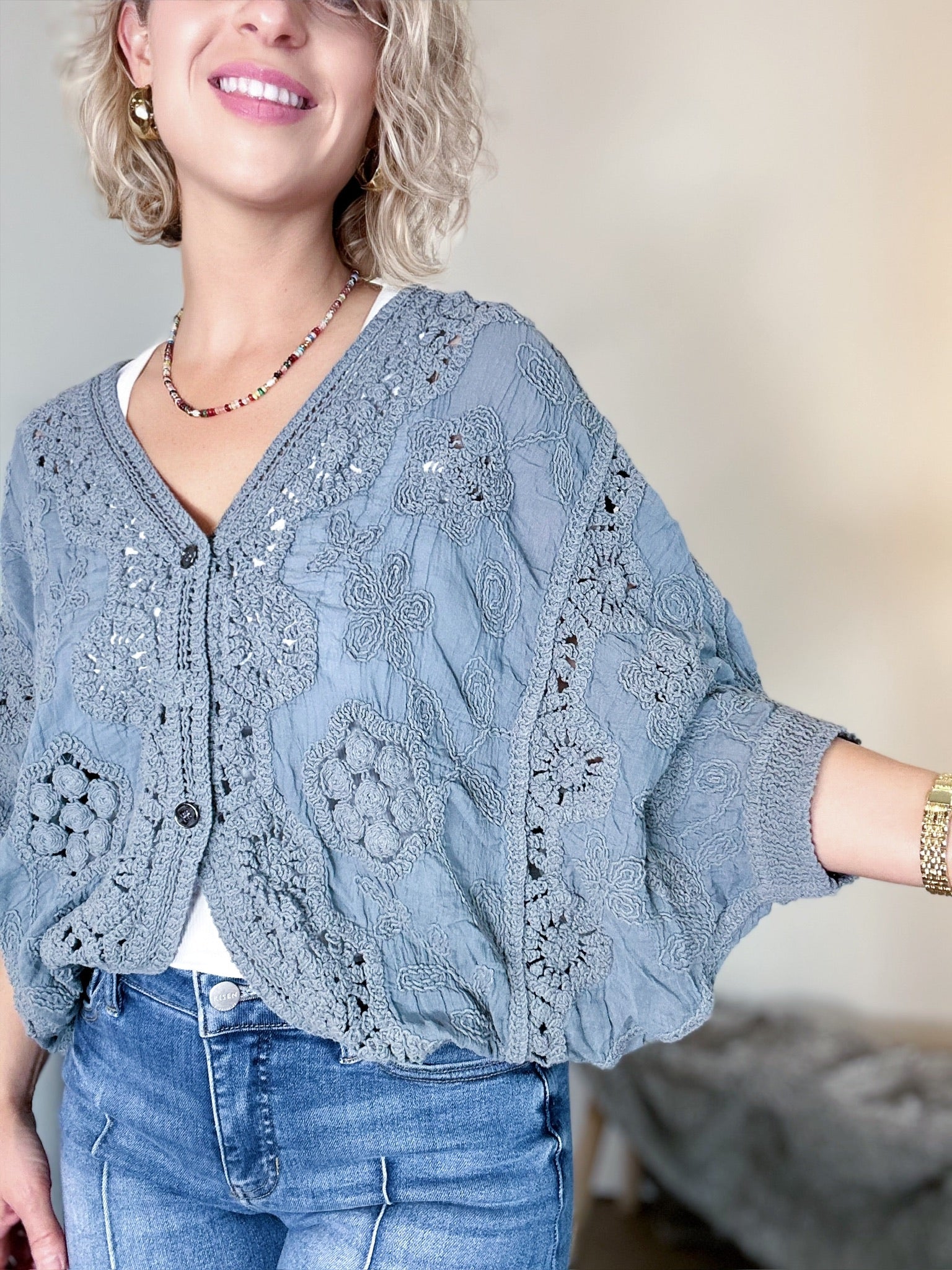 Carol Crochet Cardigan Top Grey