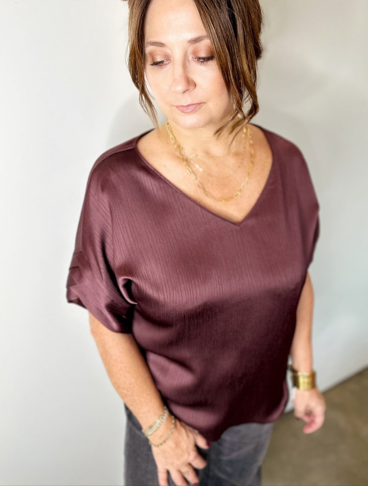 Charlie Crinkle Satin Blouse Chocolate