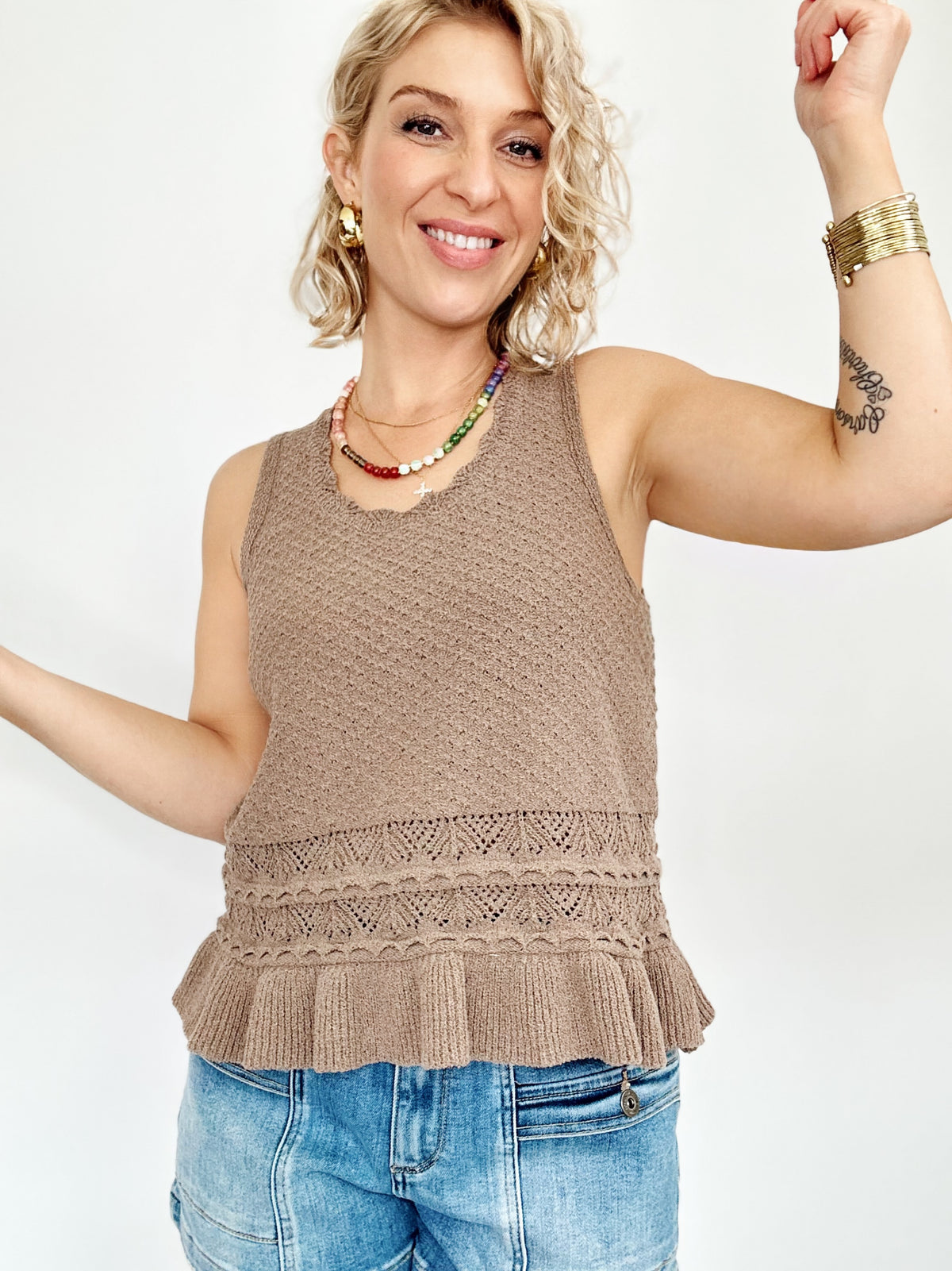 Kacie Ruffled Crochet Knit Tank Top