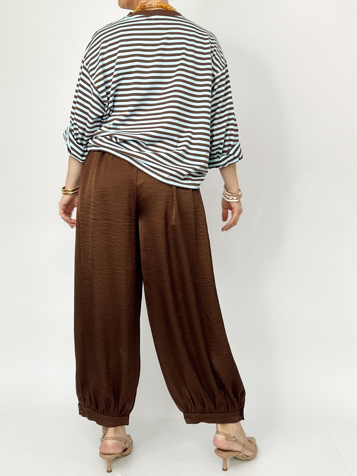 Della Satin Shirring Baggy Dress Pants Brown