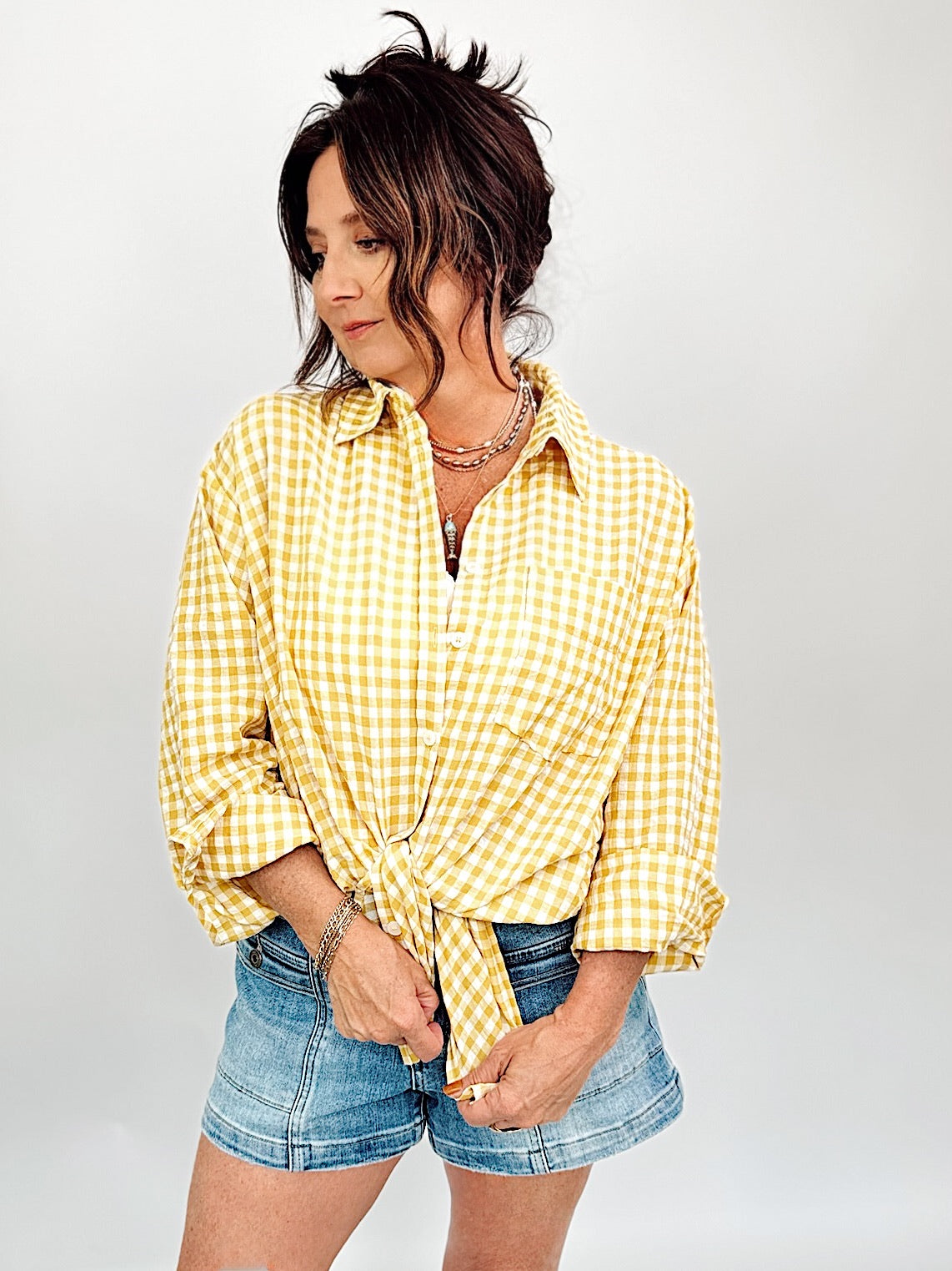 Bobbi Gingham Print Shirt Gold