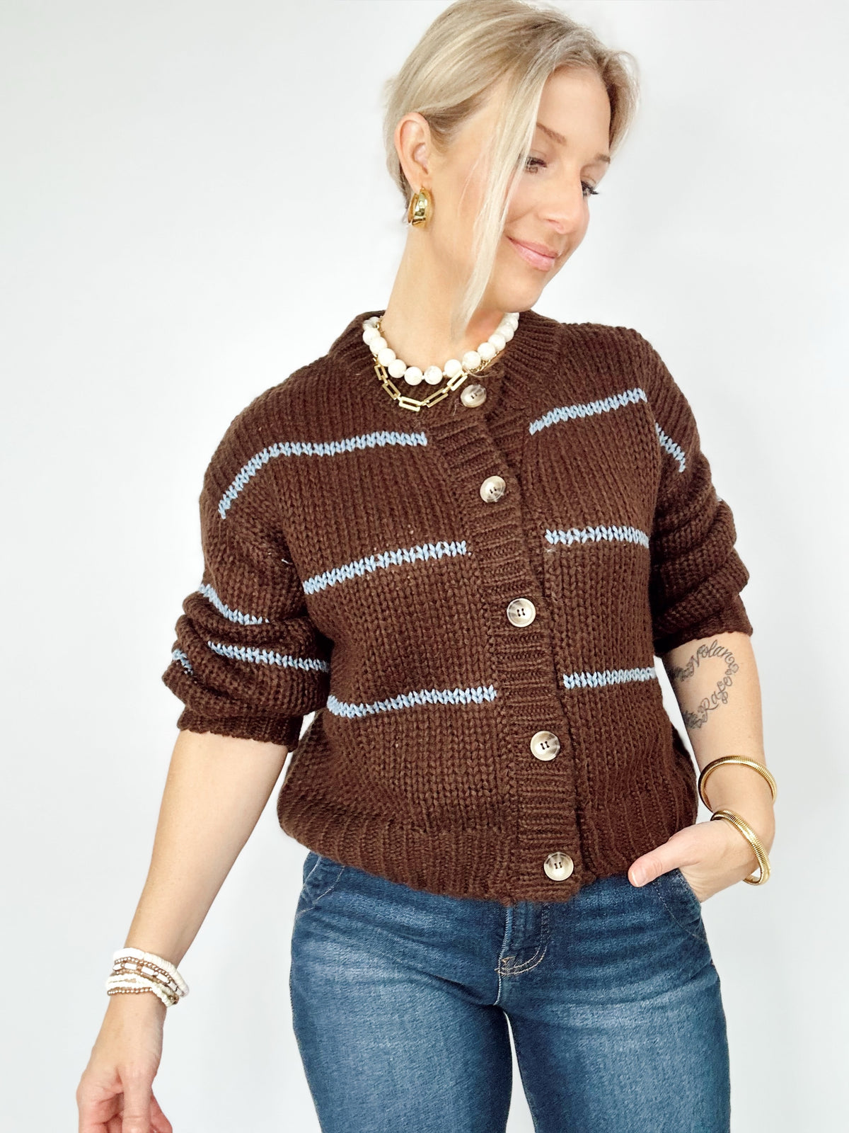 Lulu Stripe Jacquard Knit Cardigan Brown