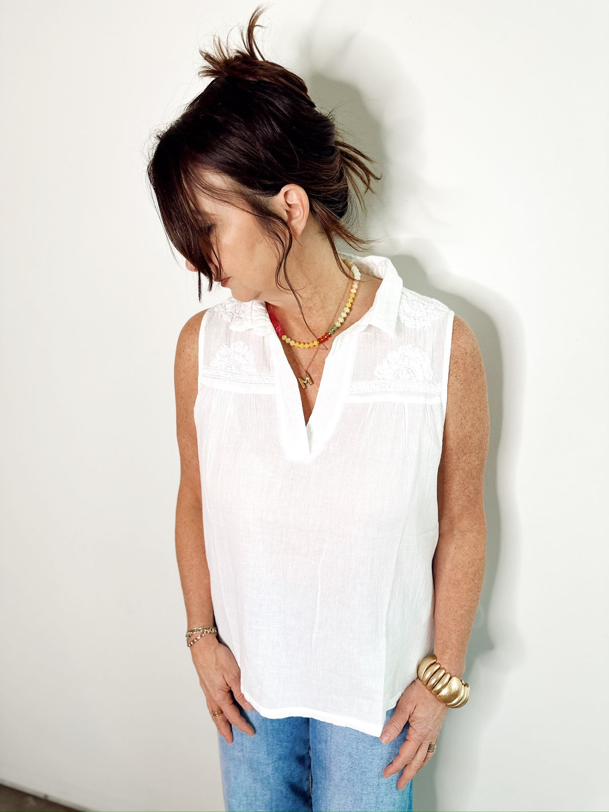 Lauren Gauze Embroidered Tank Top