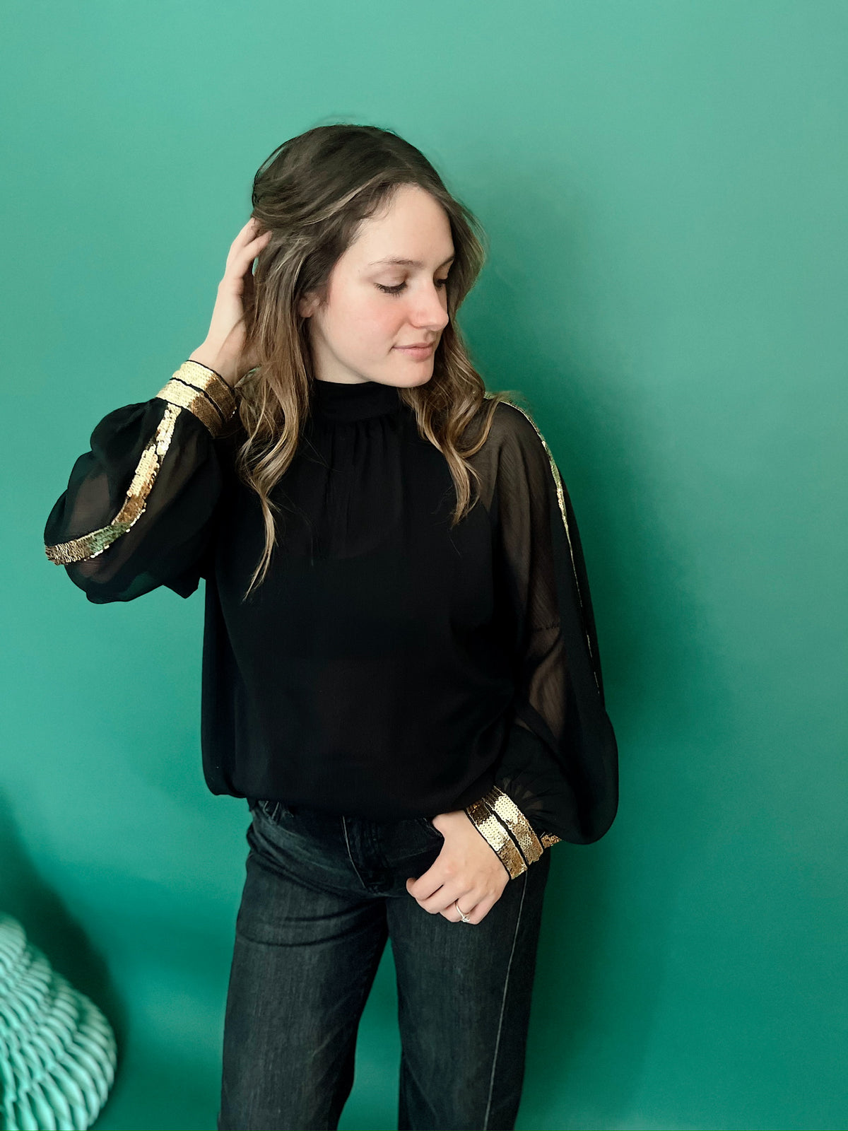 Isabella Raglan Sequin Chiffon Top Black