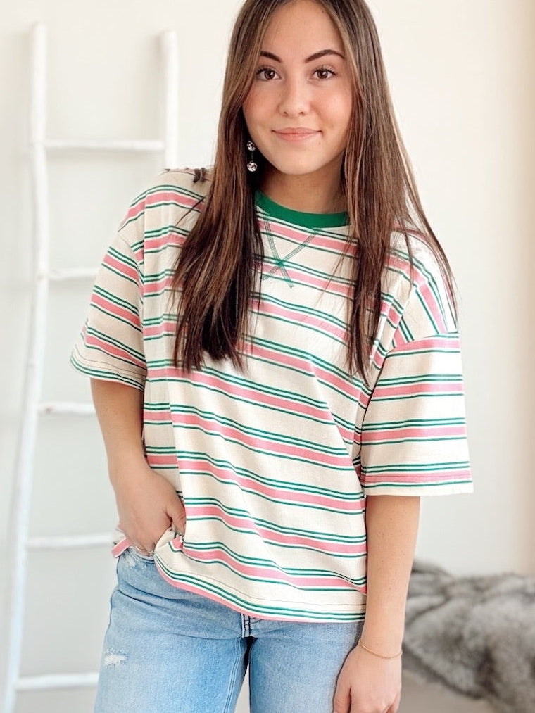 Thea Striped Relaxed Fit Knit Top Cream