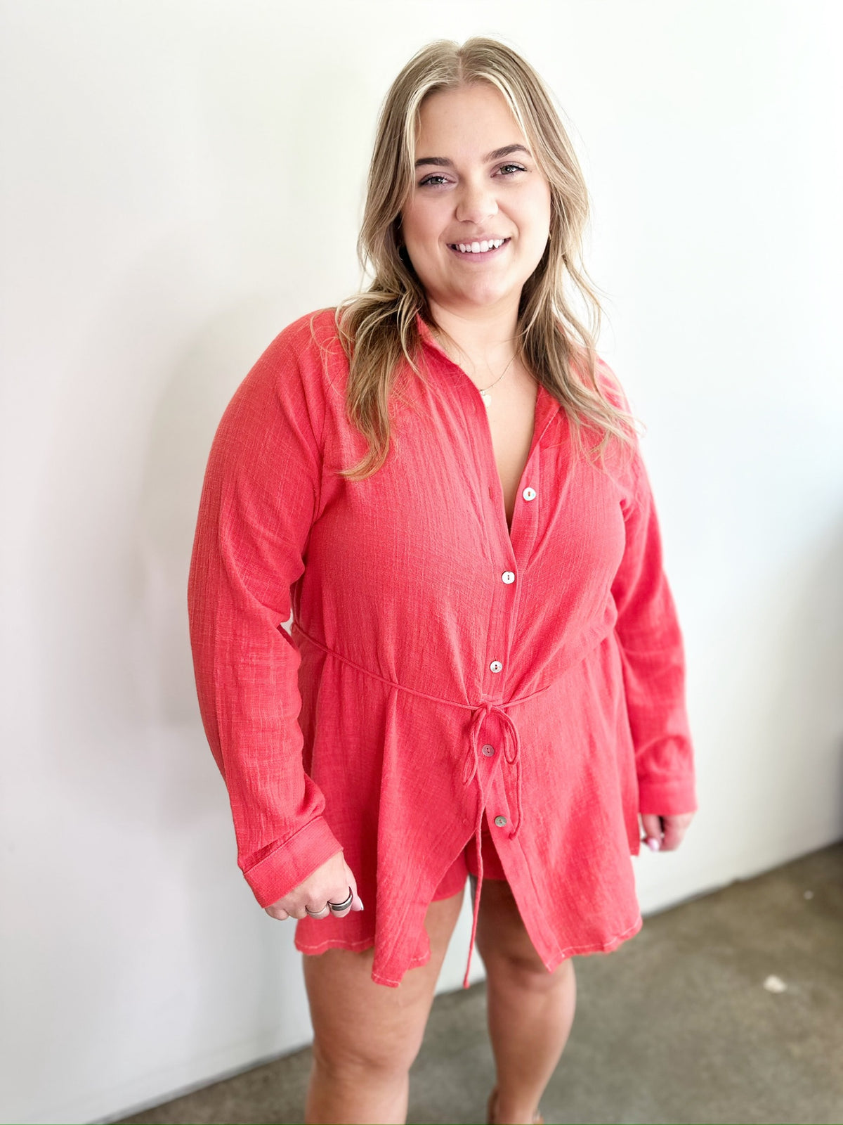 Rebecca Shirt Romper Coral Red