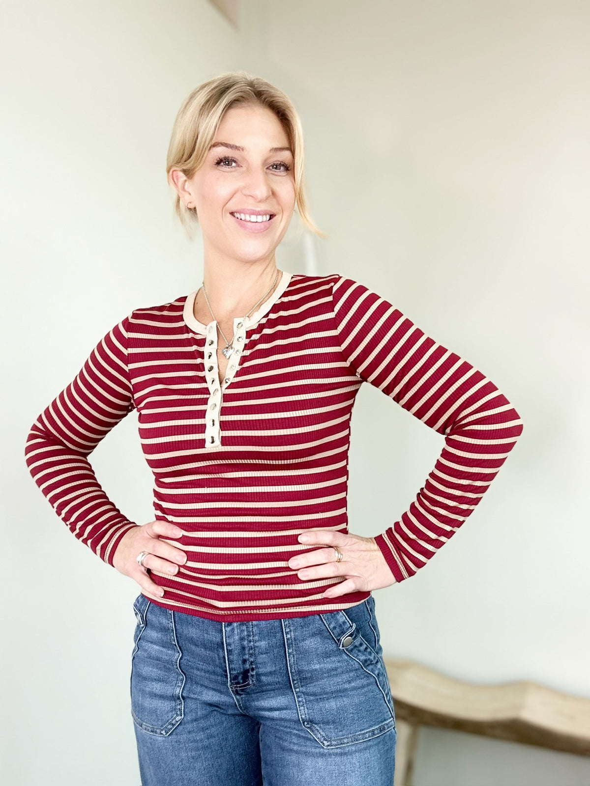 Bridget Stripe Knit Henley Top Deep Red